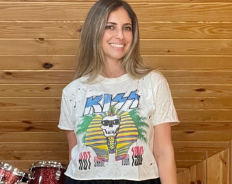 Kiss White Small / Medium Cropped Tee, Distressed Rock Band tshirt for Women, Music Concert Tee, Music Lover Gift