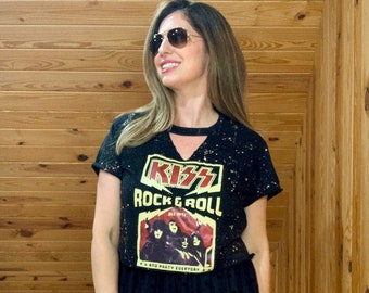 Kiss Rock Roll Distressed Cut Off Choker Small Tee, Cropped Rock Bleached Band TShirt, Music Lover Gift