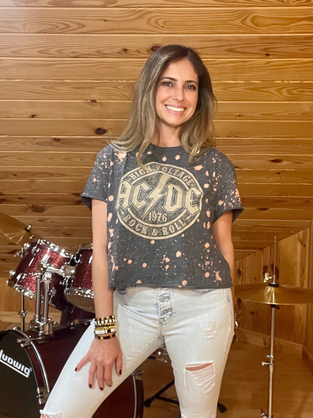 AC DC Distressed Cropped Medium Tee, Rock Band Bleached Tshirt for ...