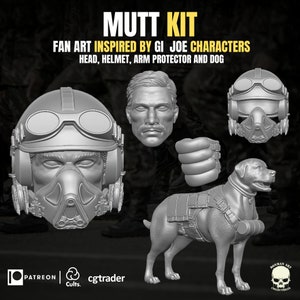 Mutt and Junkyard kit, head sculpt GI Joe Classified 1/12 scale head unpainted 1:12 mezco, black series dog