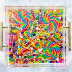 Candy Rainbow Lollipop Sprinkle Filled Resin Acrylic Tray with Light Gold Handles