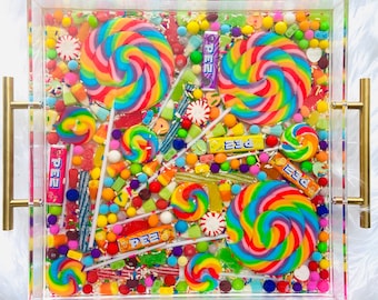 Candy Rainbow Lollipop Sprinkle Filled Resin Acrylic Tray With Light Gold  Handles 