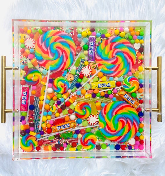 Candy Rainbow Lollipop Sprinkle Filled Resin Acrylic Tray With Light Gold  Handles 