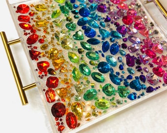 The Original Rainbow Ombre Jewel Resin Acrylic Tray with Light Gold Handles
