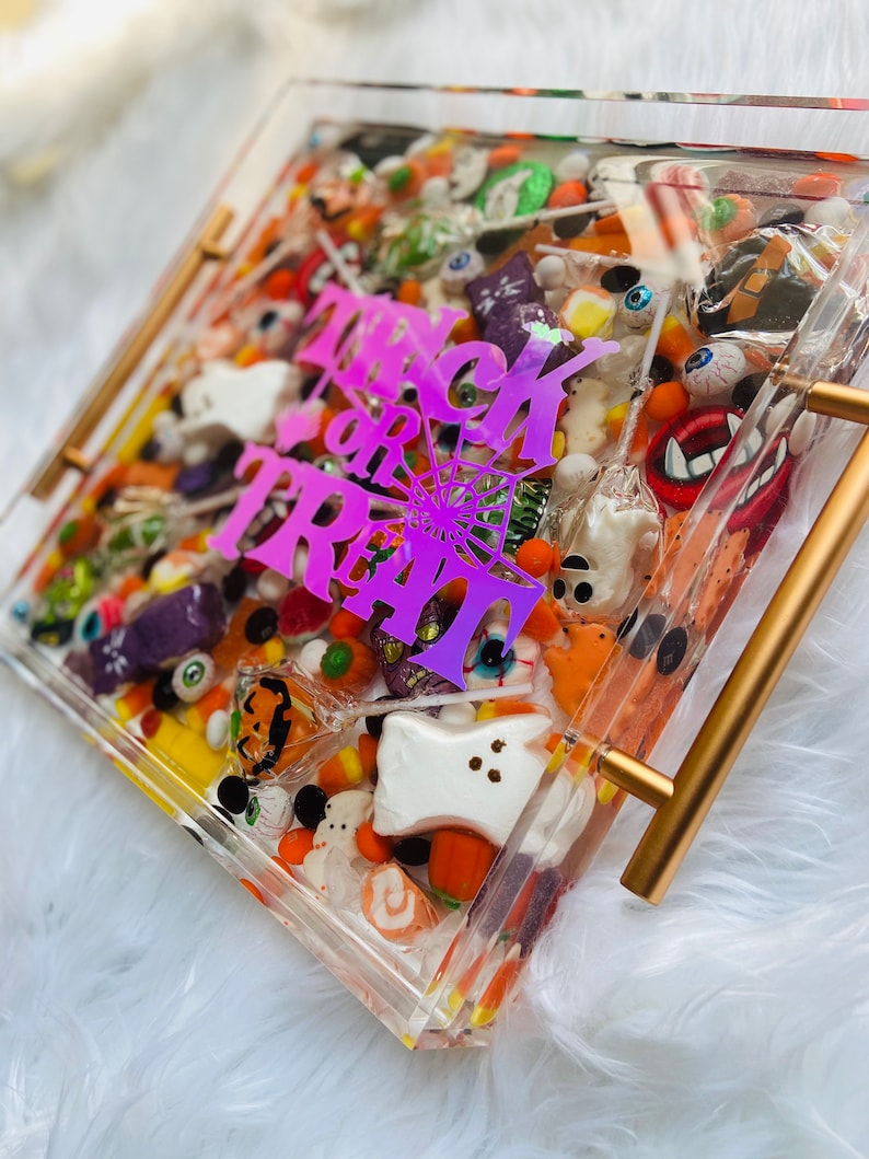 Halloween Trick or Treat Candy Lollipop Filled Resin Acrylic Tray With ...