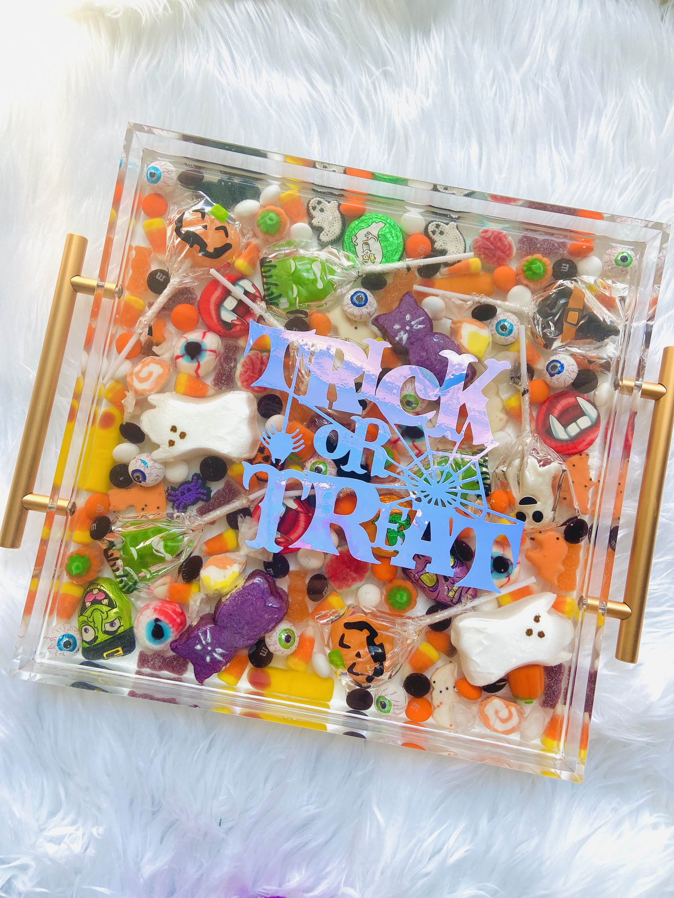 Halloween Trick or Treat Candy Lollipop Filled Resin Acrylic Tray With ...