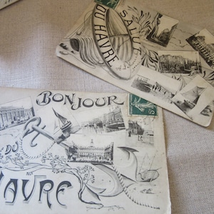 Cartões postais de papel fino francês vintage antigo de La Hauvre Frence/Náutico Preto e Branco/Moldura ou Projeto Criativo