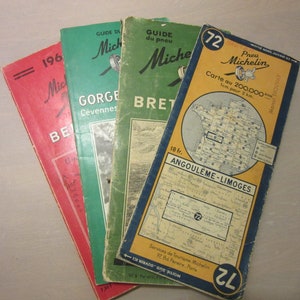 Ensemble de 4 anciennes collections françaises vintage de cartes Michelan et guides touristiques de France/cartographie française/bibliothèque vintage/décor ou lire !