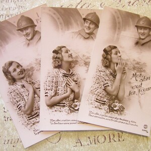 Série tríptica vintage francesa da primeira guerra mundial/mulher e homem/série de cartão postal/amor e saudade