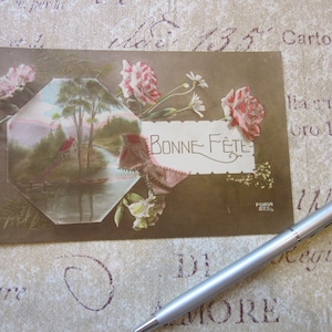 フランスの花柄/カラークロームの花が描かれたフランスのヴィンテージポストカード/Bonne Fete/記念品/ポストカードは非常に古く、無傷です/アートとしての額縁