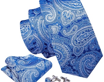 Royal Blue Paisley Necktie, Hanky, and Cufflinks