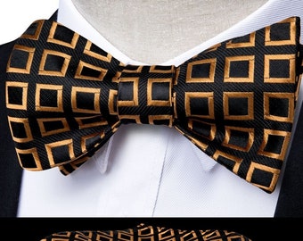 Self-Tie Bowtie, Hanky, and Cufflinks: Black and Gold