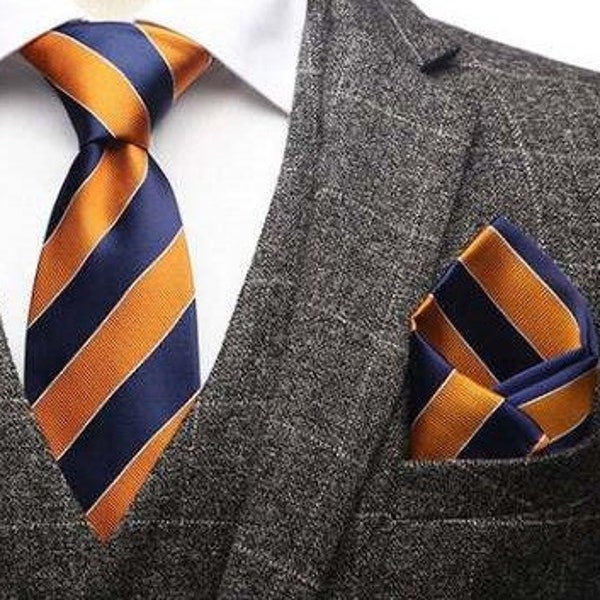 Royal Blue & Orange (Striped) Necktie Set (with Hanky)