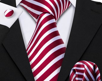 Red and Thin White (Oyster) Striped Necktie Set includes Hanky and Cufflinks