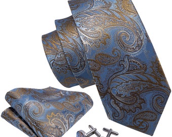 Blau und Gold Paisley Krawatte, Taschentuch und Manschettenknöpfe