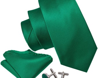Conjunto de Corbata Verde Profundo (con Pañuelo y Gemelos)