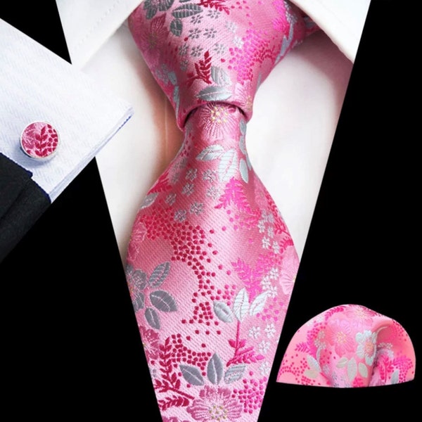 Pink Floral Necktie Set with Hanky and Cufflinks