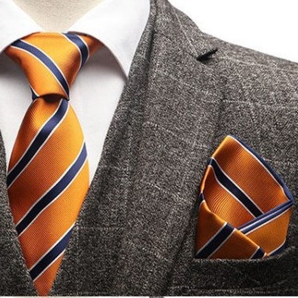 Orange & Blue (Striped) Necktie Set (with Hanky)