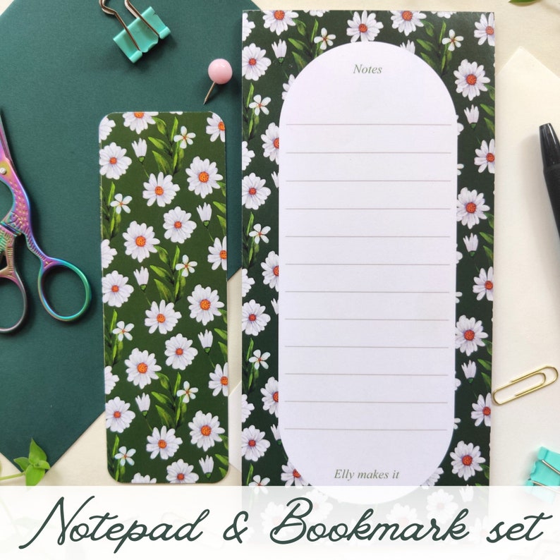 Floral Green White Notepad Bundle Notepad Todo Student Gift Shopping List Notepad Teacher Gift Memo Pad Notepad For Kids Desk Notepad Cute 1Notepad +1 Bookmark