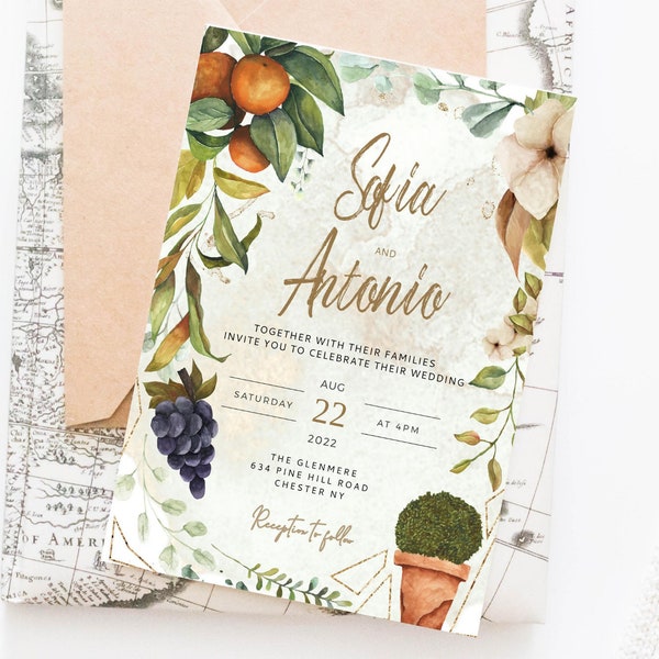 LENA - Tuscan Mediterranean Wedding Invitation Set,RSVP Card, Details Card, Digital Download,Editable Template, Citrus Fruit, Garden Wedding