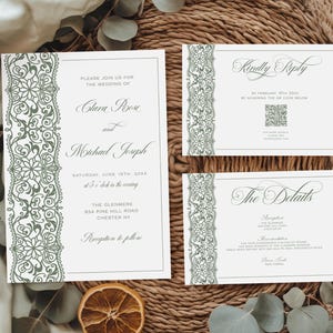 May include: Elegant wedding invitation suite featuring a floral lace design in sage green. The invitation includes the names "Clara Rose" and "Michael Joseph", along with event details. Additional cards include "Kindly Reply" and "The Details".
