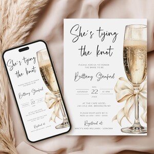 She&#39;s Tying the Knot Bridal Shower Invitation Template - Editable Champagne Glass and Bow, Instant Download Wedding Shower and Brunch