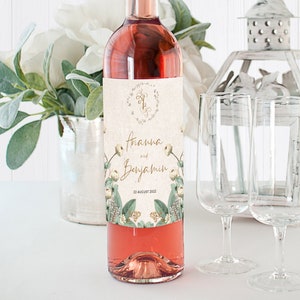 EMMA - Monogram wedding wine label template,Botanical, Floral, Fairytale, wedding favors, Instant Download, Editable template, Wedding gifts