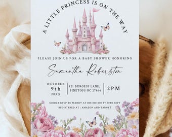 A Little Princess is on the way Baby Shower Invitation Template, Pink Floral Fairy Tale Castle, Baby Sprinkle, Instant Download ,FAY