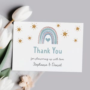 MAX - Boho Regenbogen Baby Shower Danke Kartenvorlage - Bearbeitbarer Sofortiger Download, Baby Boy Sprinkle Einsatz