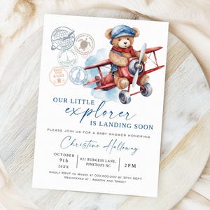 Little EXPLORER Landing bald Baby-Dusche einladen Vorlage, Abenteuer Reise Einladung, Flugzeug Bär Thema, bearbeitbare Instant Download