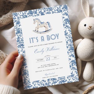 Blau Toile Schaukelpferd-Baby-Dusche-Einladung Vorlage, es ist ein Junge Baby bestreuen, Instant Download, klassische Kinderzimmer Thema Baby-Dusche