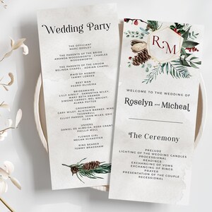 LOLA - Plantilla de programa de boda de invierno - Descarga instantánea, editable y personalizada. Orden de eventos para bodas con bayas y pino.