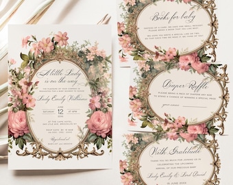 Regency theme Baby Shower Invitation Set, Victorian floral Invite bundle, baby sprinkle suite, digital download,Editable template,ANN