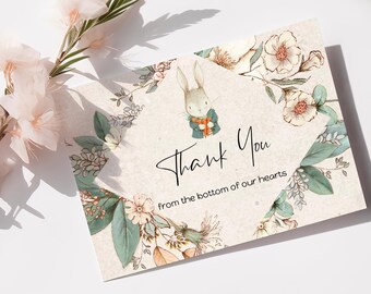 Tarjeta de agradecimiento para baby shower con diseño de conejito: plantilla editable, LOU