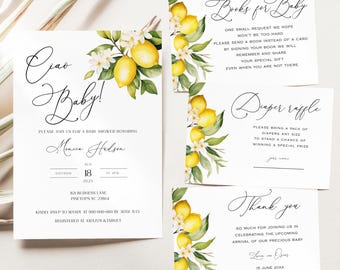 Ciao Baby Lemon Shower Invitation Set, Italian Invite bundle, Citrus sprinkle suite, digital download,Editable template