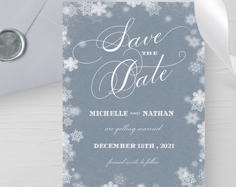 NORA - Winter Wonderland Calligraphy Save the Date wedding invitation template,Instant Download,Editable Template,Snowflakes, fairytale