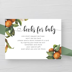 SOL - Sinaasappelboeken voor baby Kaart voor babyshower, genderneutraal, schatje, citrusvrucht, bewerkbare sjabloon, invoegen boekverzoek, boek in plaats van kaart