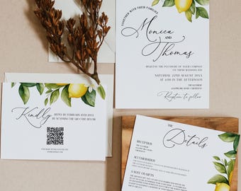 Lemons Wedding Invitation Set, QR code RSVP, Italian Invite ,Citrus, Instant Download, Editable Template, LUCA