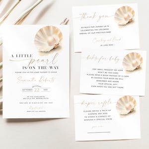 May include: Baby shower invitations and cards with a seashell design. The main invitation reads "A Little Pearl is on the Way" with event details. Additional cards include "Thank You", "Books for Baby", and "Diaper Raffle" messages.