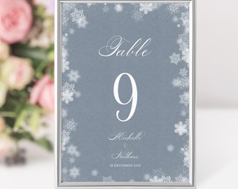 NORA - Winter Wonderland Wedding Table Numbers Template,Instant Download, Editable Template, Calligraphy, Snowflakes, DIY ,Seating Numbers
