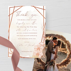LARA - Rose Gold Boho Hochzeitsfoto Dankeskartenvorlage, Pampas Grass, Boho, Sofort Download, Bearbeitbare Dankeskarte, Fotografie
