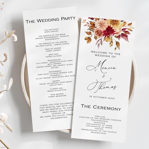 May include: Two white wedding programs with elegant calligraphy. One program lists the wedding party, including the officiant, parents, and bridal party. The other program welcomes guests to the wedding of Monica & Thomas, with the date and ceremony details.