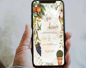LENA - Smartphone Tuscan Mediterranean Digital wedding invitation, Evite, Citrus Fruit, Garden Wedding, Instant download, Editable template