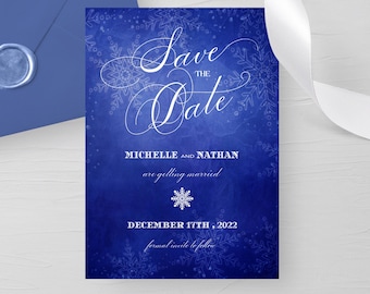 GAIA - Winter Snowflake Wedding Calligraphy Save the Date template, dark blue,Winter wonderland,Instant Download,Editable Template,fairytale