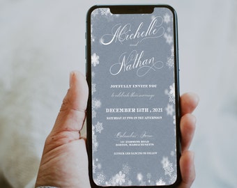 NORA - Smartphone Winter Wonderland Wedding Invitation, Evite, Digital wedding invitation, Instant download, Editable template, Snowflakes