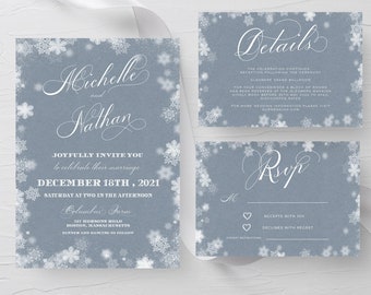 NORA -Winter Wonderland Wedding Invitation Set,RSVP Card, Wedding Details Card, Calligraphy, Instant Download, Editable Template, Snowflakes