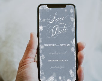 NORA - Winter Wonderland Wedding Save the Date evite, Smartphone Digital template , Editable Instant Download,snowflakes, Iphone,Android