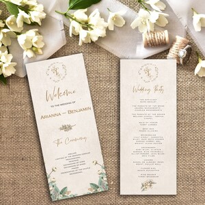 Puede incluir: Un programa de ceremonia de boda con un diseño floral. El programa incluye los nombres de la novia y el novio, Arianna y Benjamin, y la lista de invitados. Los detalles de la ceremonia se enumeran, incluyendo el preludio, la procesión, las lecturas, el intercambio de votos, el intercambio de anillos, la oración, la presentación de la pareja y la recesión.