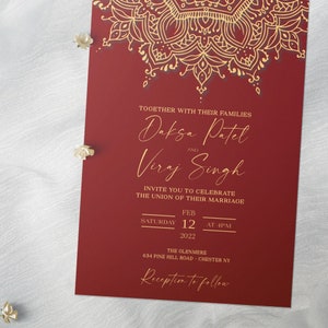 NYRA - hindoe-huwelijksuitnodiging set, mandala-bruiloft, Indiase bruiloft, rood en goud, RSVP-kaart, receptiekaart, direct downloaden, bewerkbare sjabloon