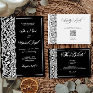 Elegant Black and White Lace Wedding Invitation Set | Template Suite QR Code RSVP | Instant Editable Download Bundle, CHIC